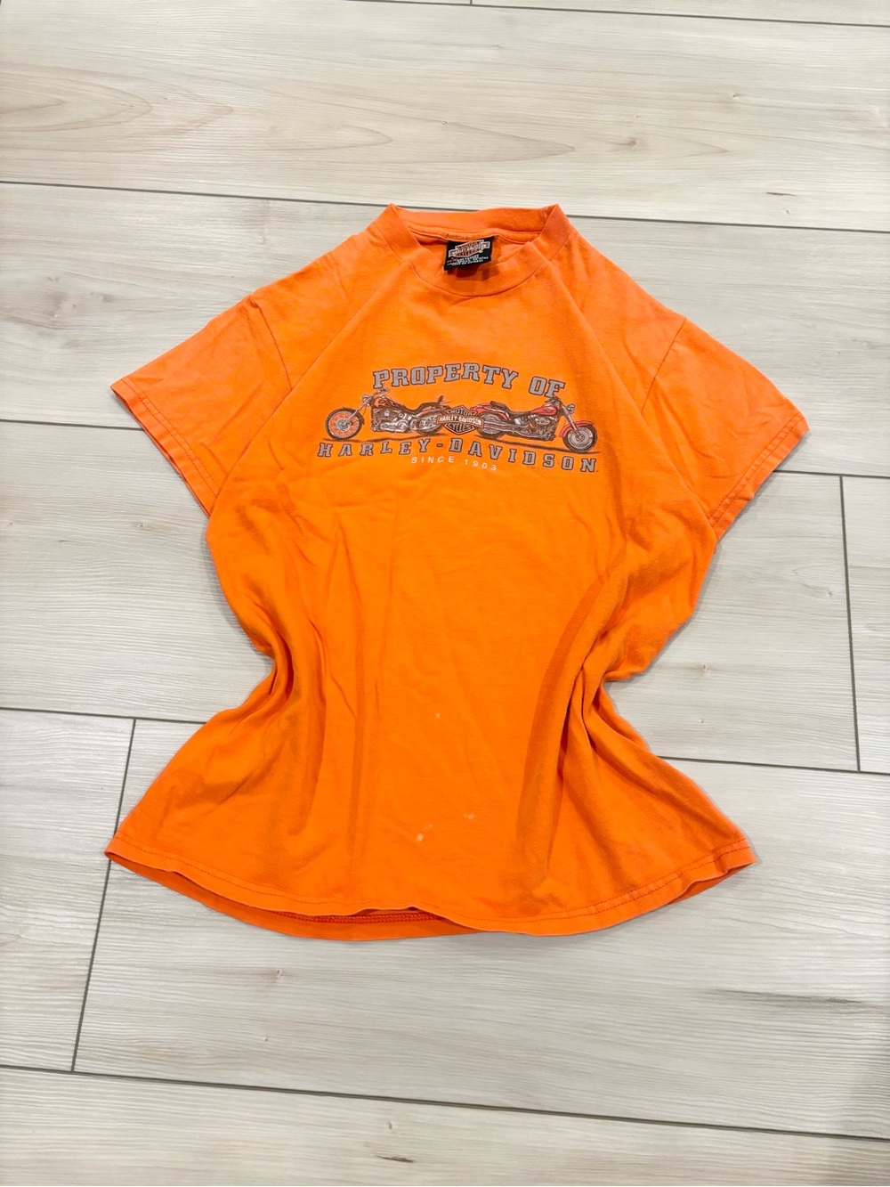 Vintage 90s Harley-Davidson Bright Orange Motorcycle Graphic Baby Tee Cropped - Picture 3 of 5